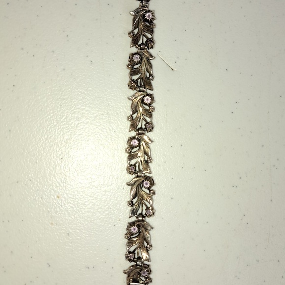 Beautiful Vintage Sterling Silver Amethyst Marcasite Flower Leaf Bracelet - Picture 6 of 12
